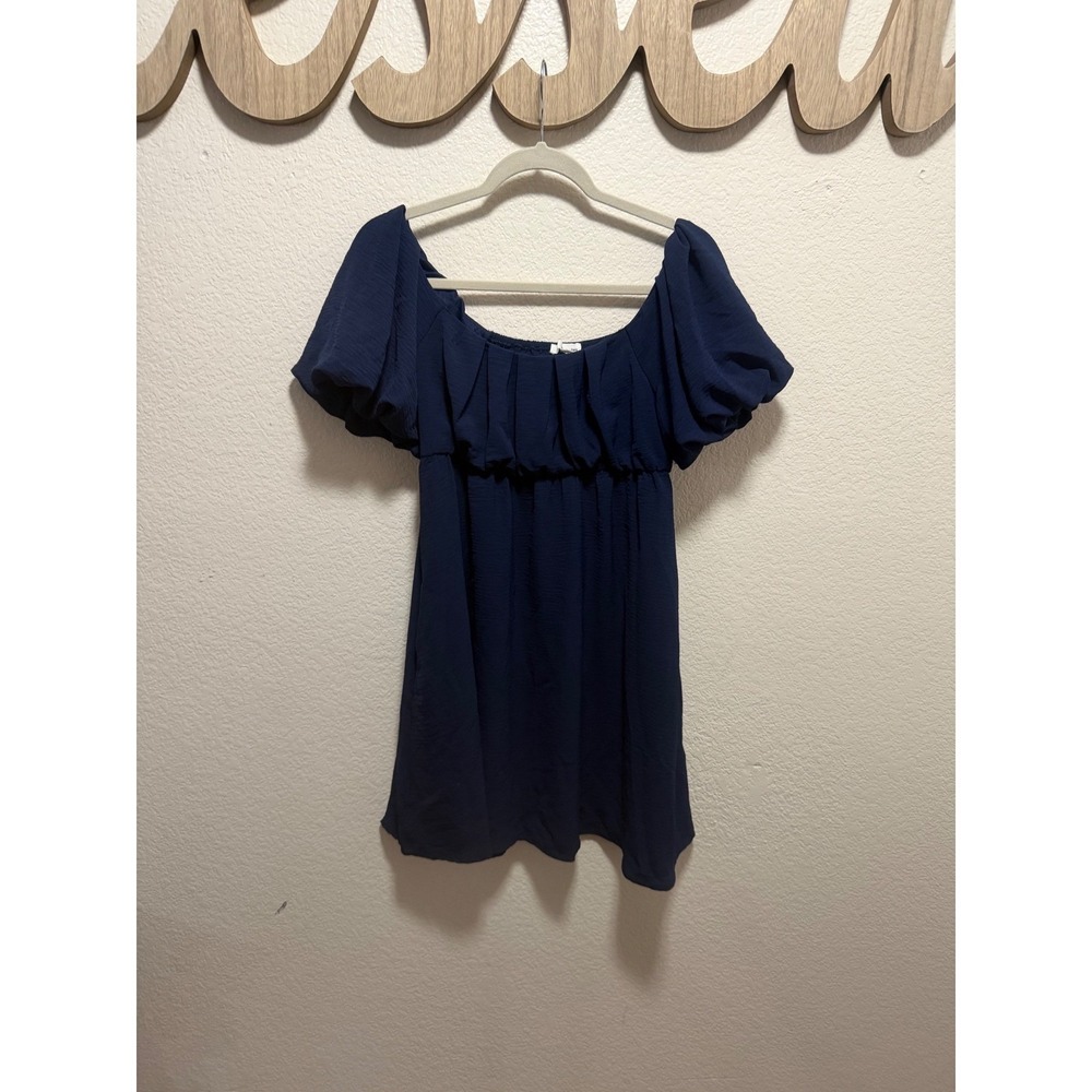 June & Hudson Navy Blue Puff Sleeve Smocked Back Mini Dress Womens Small